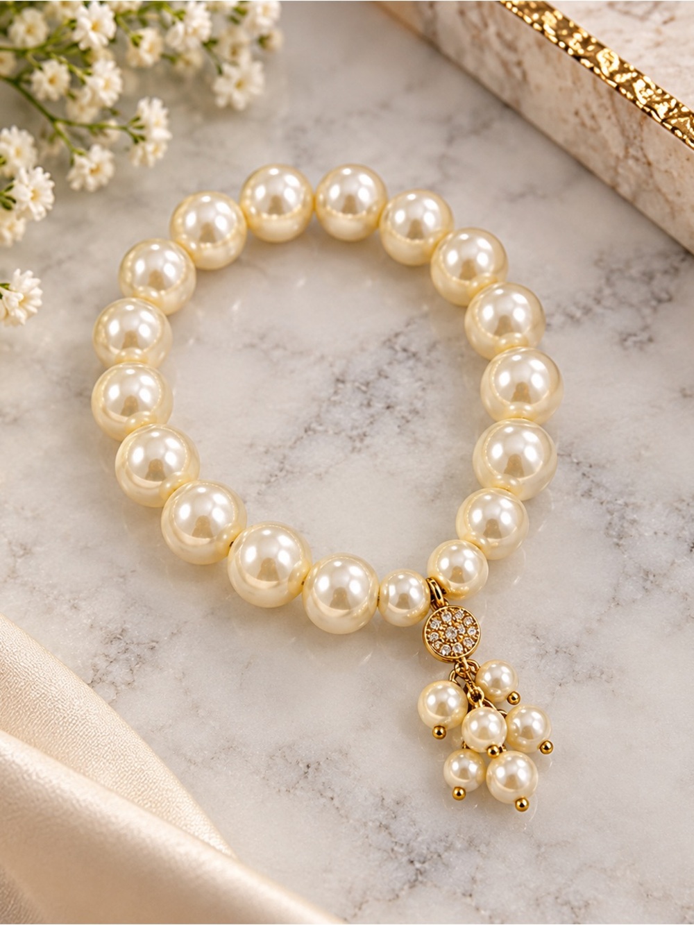 Pearl Bead Gold-Tone Pendant Stretch Bracelet - Elegant Women Jewelry
